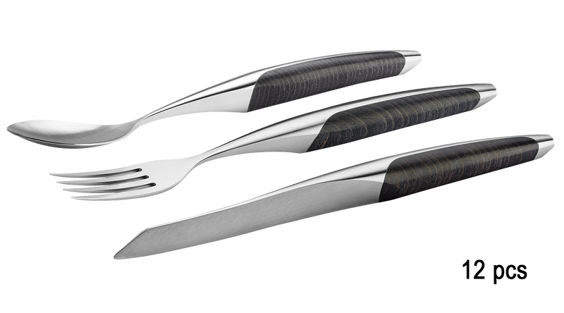 sknife Steakbesteck (Messer, Gabel, Löffel), 12-teilig, Chirurgenstahl, stabilisierte Esche