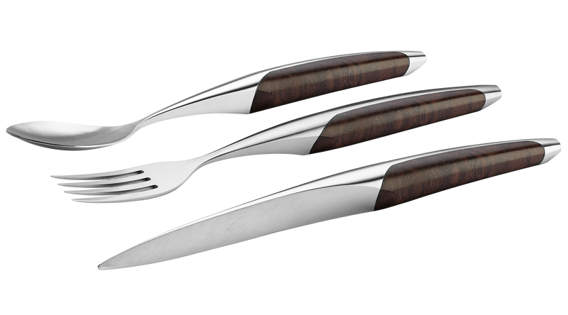 sknife Tafelmesserbesteck (Messer, Gabel, Löffel), Chirurgenstahl, stabilisiertes Walnussholz