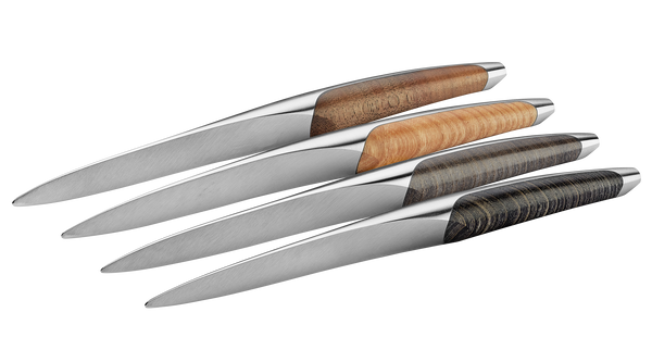 sknife Tafelmesser, 4-teiliges Set, assortiert, Chirurgenstahl, stabilisiertes Eschen- und Walnussholz