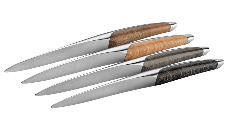 sknife Tafelmesser, 4-teiliges Set, assortiert, Chirurgenstahl, stabilisiertes Eschen- und Walnussholz
